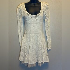 Free People Lace Long Sleeve Fairy Mini Dress Tulle Layering BOHO Victorian Sz S